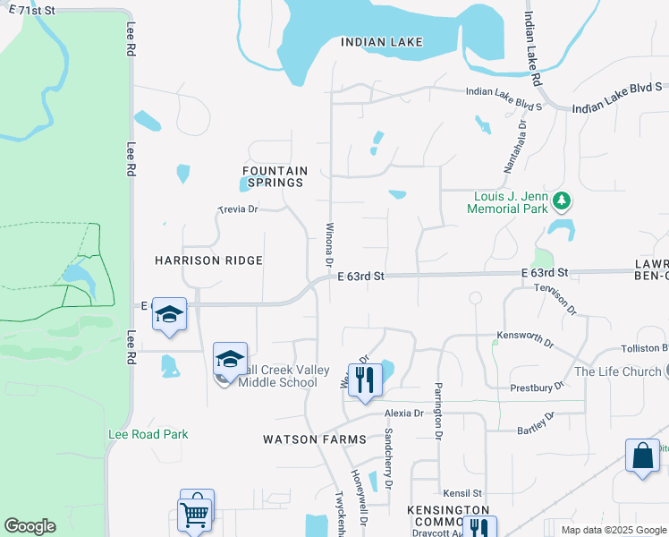 map of restaurants, bars, coffee shops, grocery stores, and more near 10050 East 63rd Street in Indianapolis