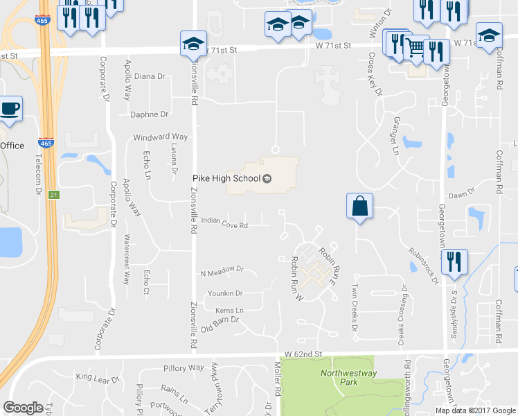 map of restaurants, bars, coffee shops, grocery stores, and more near 6468 Schmus Court in Indianapolis
