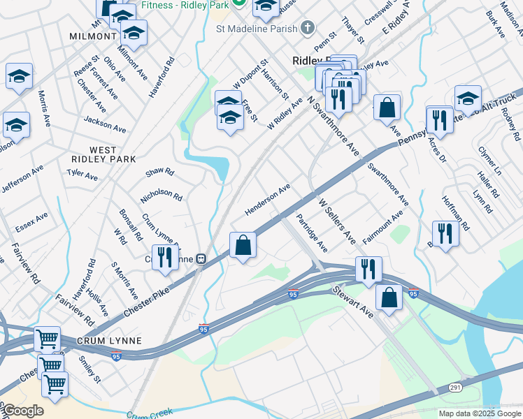map of restaurants, bars, coffee shops, grocery stores, and more near 208 Henderson Avenue in Ridley Park