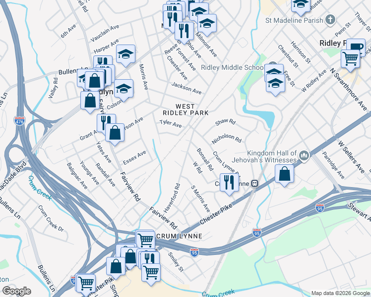 map of restaurants, bars, coffee shops, grocery stores, and more near 1085 West Circle in Ridley Park