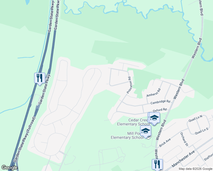 map of restaurants, bars, coffee shops, grocery stores, and more near 720 Radcliffe Road in Lacey Township
