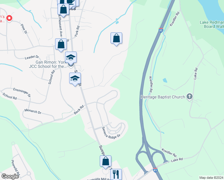 map of restaurants, bars, coffee shops, grocery stores, and more near 7728 Seneca Ridge Dr in York