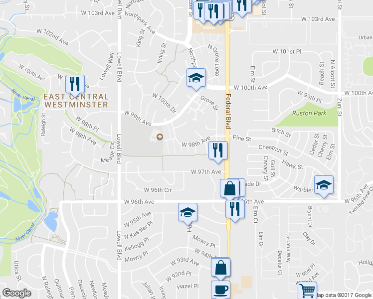 map of restaurants, bars, coffee shops, grocery stores, and more near 3260 West 98th Avenue in Westminster