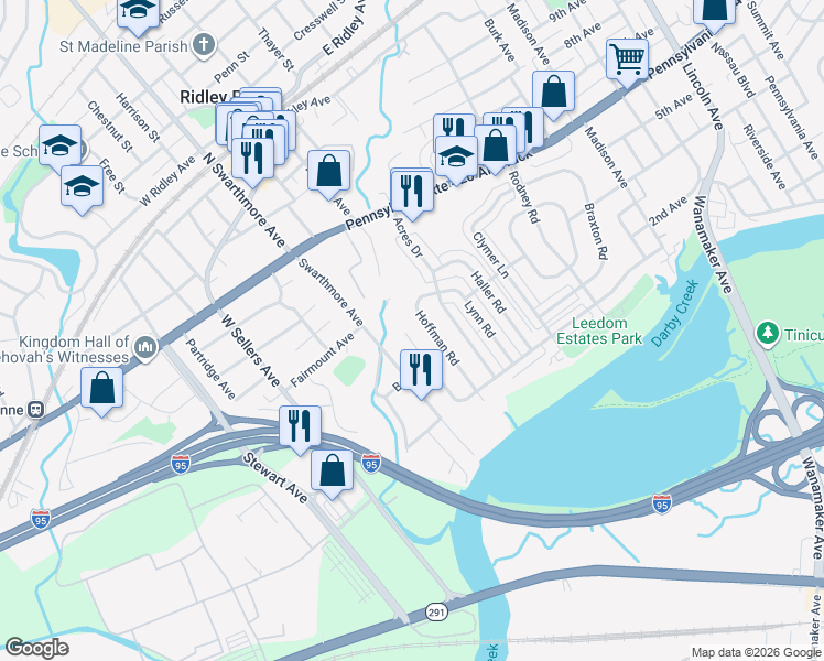 map of restaurants, bars, coffee shops, grocery stores, and more near 110 Stoney Hill Road in Ridley Park
