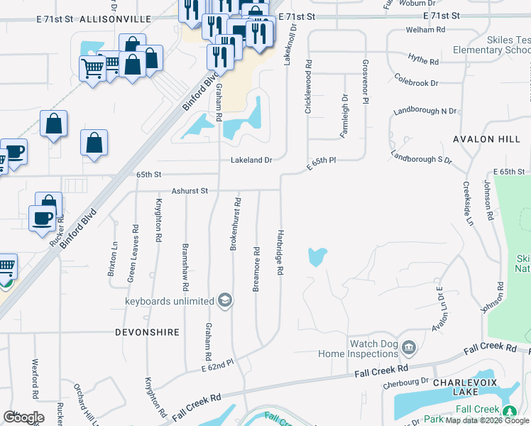 map of restaurants, bars, coffee shops, grocery stores, and more near 6447 Breamore Road in Indianapolis