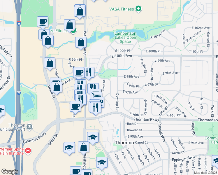 map of restaurants, bars, coffee shops, grocery stores, and more near 9754 Ogden Street in Thornton