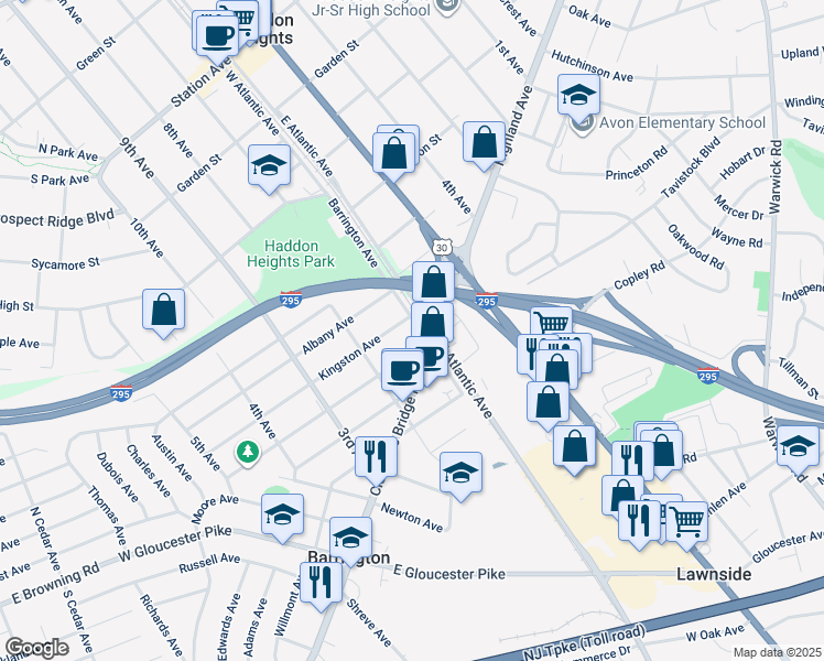 map of restaurants, bars, coffee shops, grocery stores, and more near 312 Barrington Avenue in Barrington