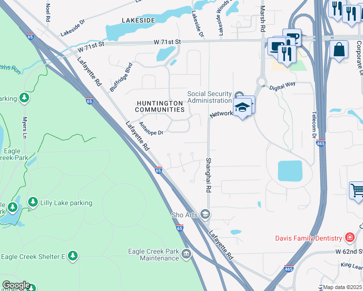 map of restaurants, bars, coffee shops, grocery stores, and more near 6820 Shanghai Circle in Indianapolis