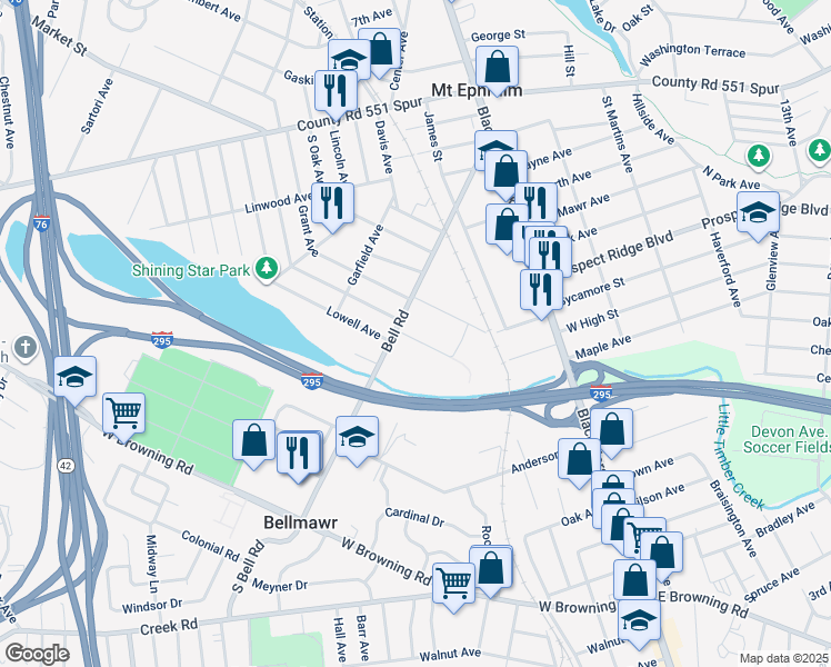 map of restaurants, bars, coffee shops, grocery stores, and more near 167 Rudderow Avenue in Mount Ephraim