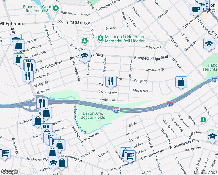 map of restaurants, bars, coffee shops, grocery stores, and more near 1536 Oak Avenue in Haddon Heights