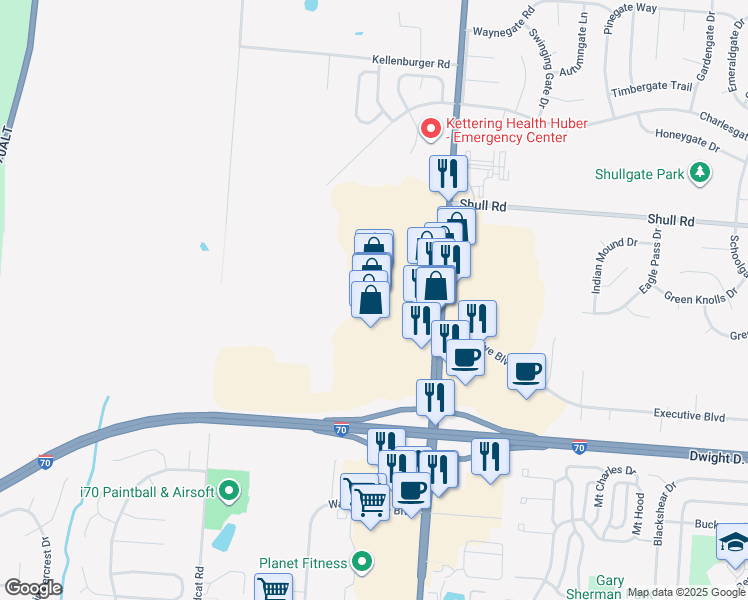 map of restaurants, bars, coffee shops, grocery stores, and more near 8275 Old Troy Pike in Huber Heights