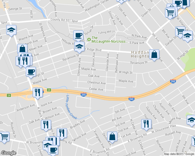 map of restaurants, bars, coffee shops, grocery stores, and more near 1528 Oak Avenue in Haddon Heights