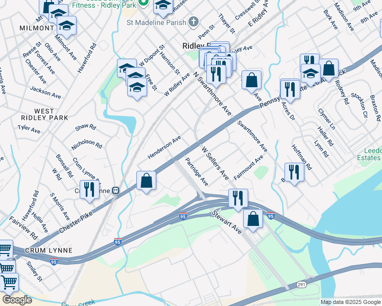 map of restaurants, bars, coffee shops, grocery stores, and more near 111 West Chester Pike in Ridley Park