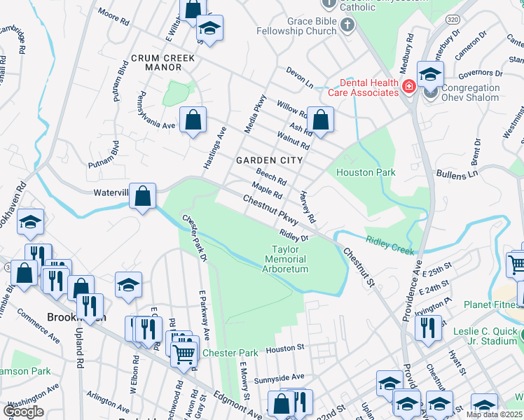 map of restaurants, bars, coffee shops, grocery stores, and more near 114 Chestnut Parkway in Delaware County