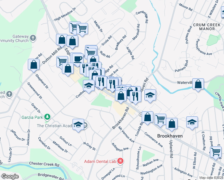 map of restaurants, bars, coffee shops, grocery stores, and more near 27 Maple Avenue in Brookhaven