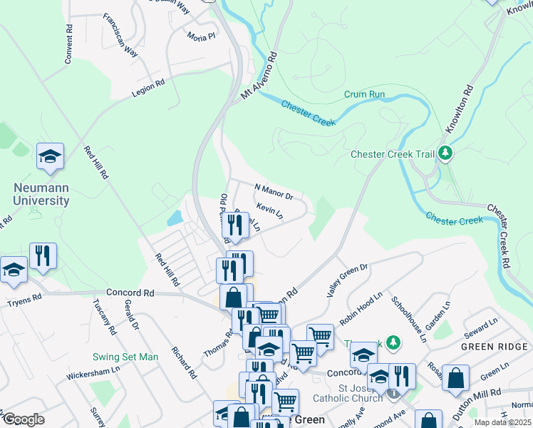 map of restaurants, bars, coffee shops, grocery stores, and more near 224 Kevin Lane in Media