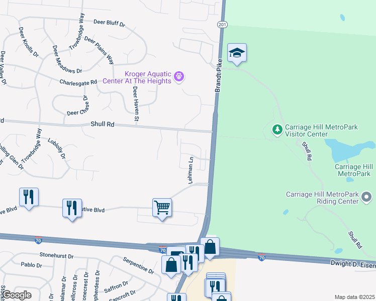 map of restaurants, bars, coffee shops, grocery stores, and more near 8383 Brandt Pike in Dayton