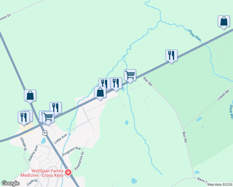 map of restaurants, bars, coffee shops, grocery stores, and more near 6465 York Road in New Oxford