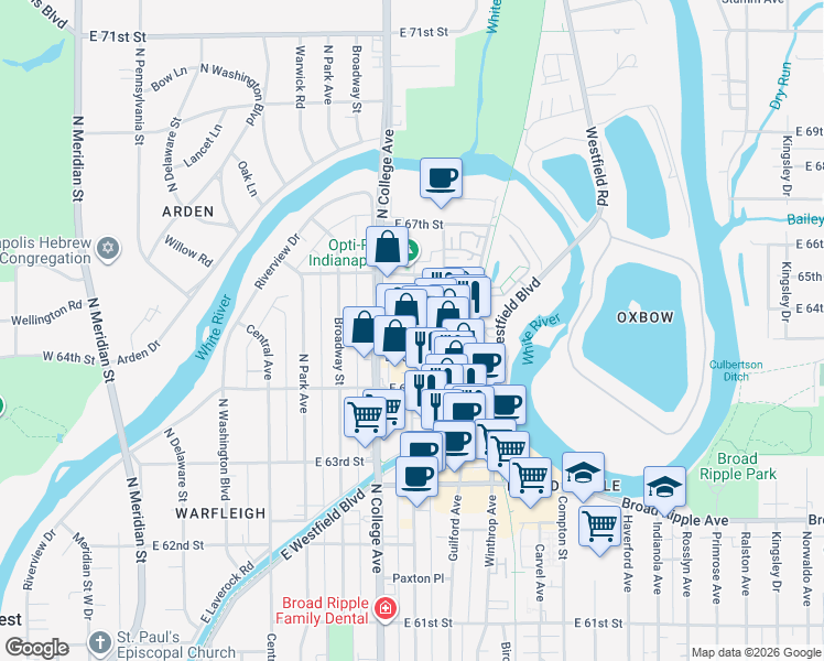 map of restaurants, bars, coffee shops, grocery stores, and more near 6524 Carrollton Avenue in Indianapolis