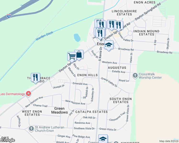 map of restaurants, bars, coffee shops, grocery stores, and more near 3702 Charlotte Drive in Enon