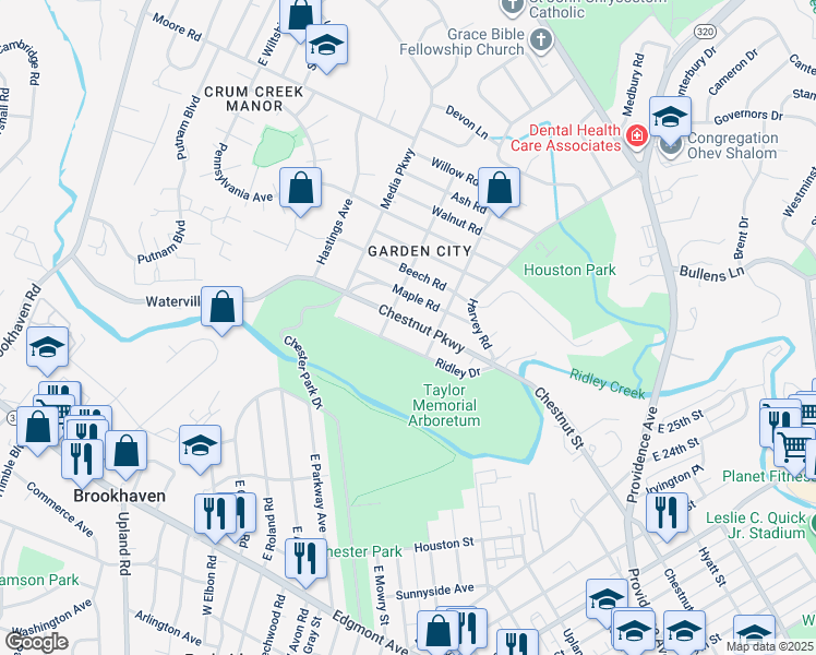 map of restaurants, bars, coffee shops, grocery stores, and more near 114 Chestnut Parkway in Delaware County