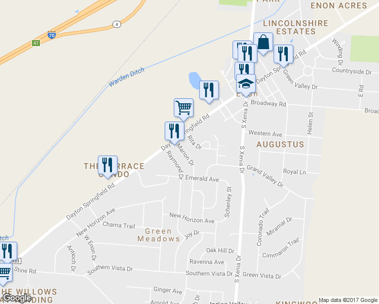map of restaurants, bars, coffee shops, grocery stores, and more near 3726 Marion Dr in Enon