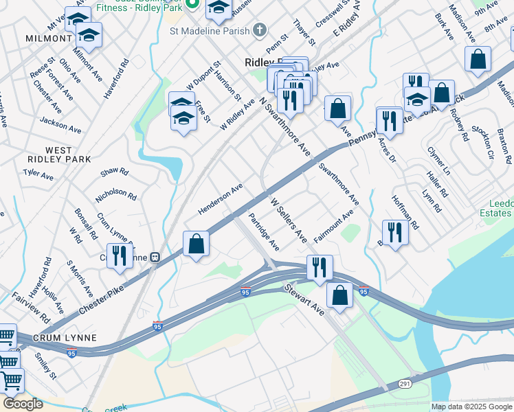 map of restaurants, bars, coffee shops, grocery stores, and more near 106 West Chester Pike in Ridley Park