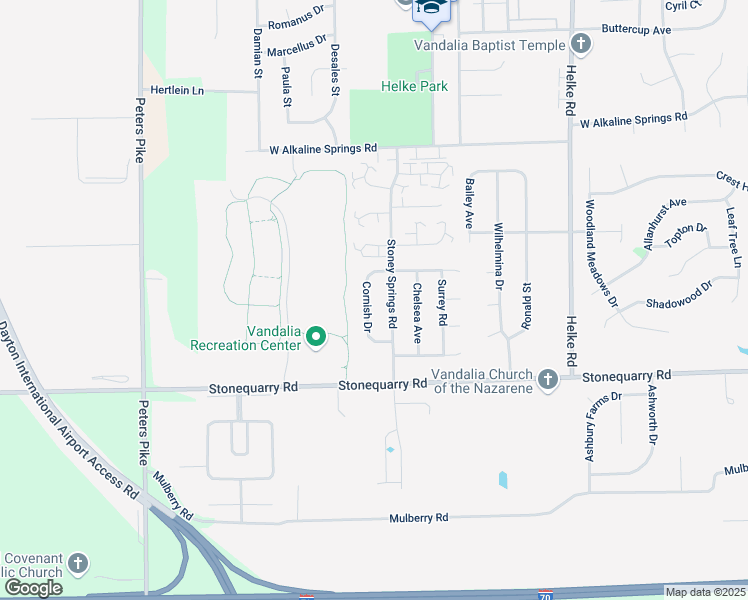 map of restaurants, bars, coffee shops, grocery stores, and more near 1355 Cornish Drive in Vandalia
