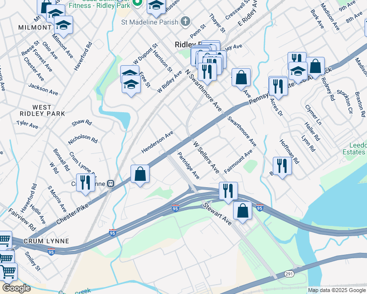 map of restaurants, bars, coffee shops, grocery stores, and more near 106 West Chester Pike in Ridley Park