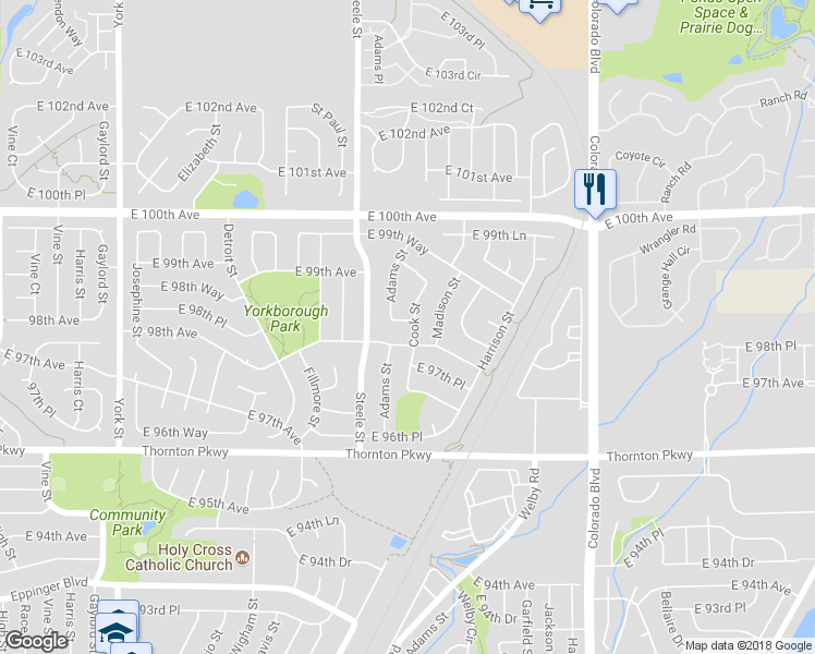map of restaurants, bars, coffee shops, grocery stores, and more near 3428 East 98th Drive in Thornton