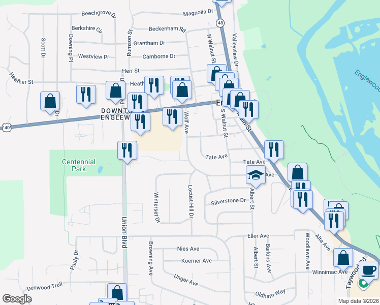 map of restaurants, bars, coffee shops, grocery stores, and more near 510 Wolf Avenue in Englewood