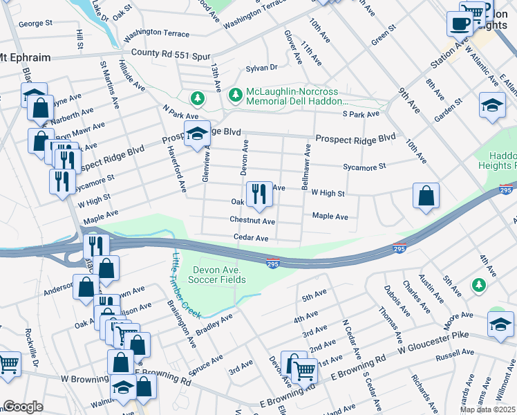 map of restaurants, bars, coffee shops, grocery stores, and more near 1524 Oak Avenue in Haddon Heights