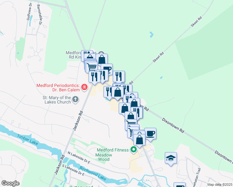 map of restaurants, bars, coffee shops, grocery stores, and more near 560 Stokes Road in Medford