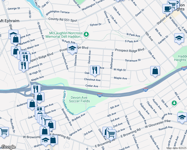 map of restaurants, bars, coffee shops, grocery stores, and more near 1528 Oak Avenue in Haddon Heights