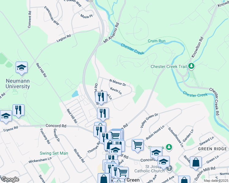 map of restaurants, bars, coffee shops, grocery stores, and more near 224 Kevin Lane in Media