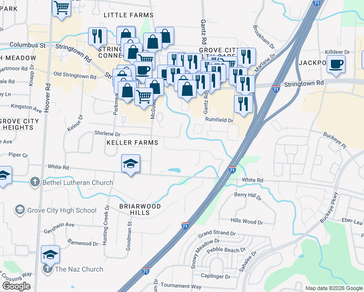 map of restaurants, bars, coffee shops, grocery stores, and more near 2048 Michelle Drive in Grove City