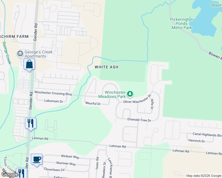 map of restaurants, bars, coffee shops, grocery stores, and more near 5214 Winchester Crossing Court in Canal Winchester