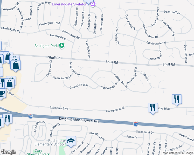 map of restaurants, bars, coffee shops, grocery stores, and more near 6353 Nightwind Court in Dayton