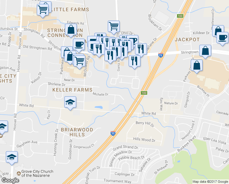 map of restaurants, bars, coffee shops, grocery stores, and more near 1988 Michelle Drive in Grove City