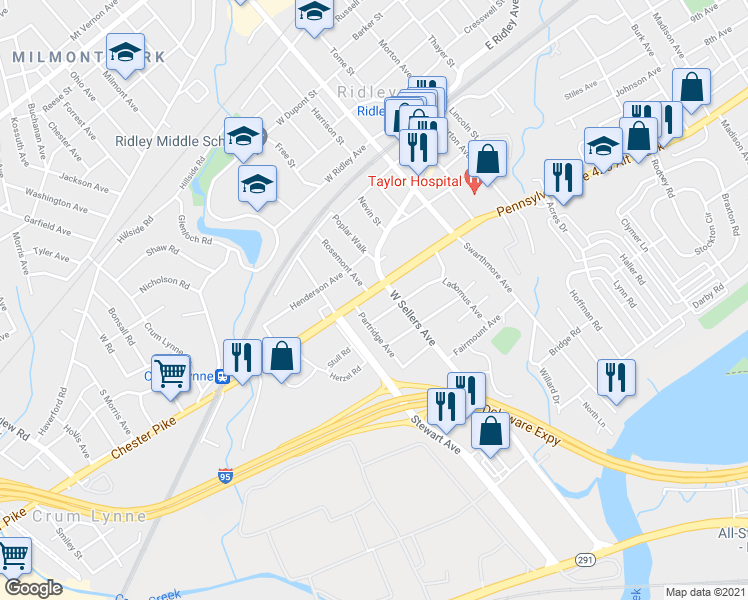 map of restaurants, bars, coffee shops, grocery stores, and more near 104 West Chester Pike in Ridley Park