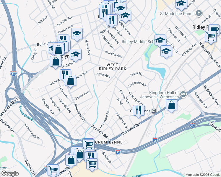 map of restaurants, bars, coffee shops, grocery stores, and more near 1085 West Circle in Ridley Park