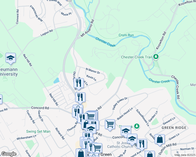 map of restaurants, bars, coffee shops, grocery stores, and more near 205 Kevin Lane in Media