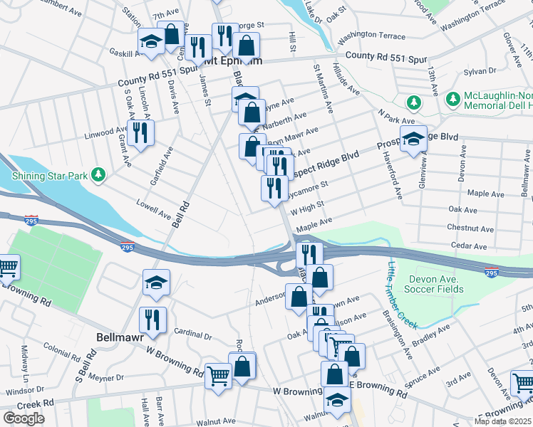 map of restaurants, bars, coffee shops, grocery stores, and more near 20 Glover Avenue in Mount Ephraim