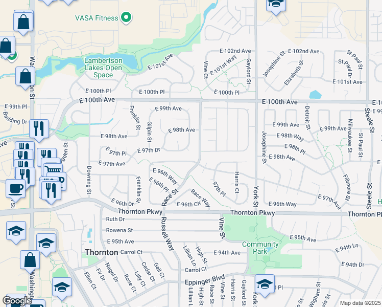 map of restaurants, bars, coffee shops, grocery stores, and more near 9727 Race Street in Thornton