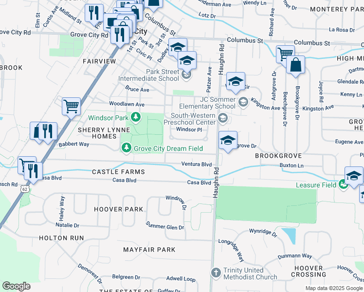 map of restaurants, bars, coffee shops, grocery stores, and more near 3221 Kingswood Drive in Grove City