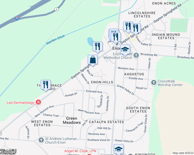 map of restaurants, bars, coffee shops, grocery stores, and more near 6631 Rita Drive in Enon