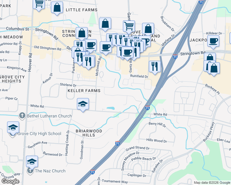 map of restaurants, bars, coffee shops, grocery stores, and more near 2048 Michelle Drive in Grove City