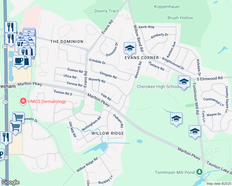 map of restaurants, bars, coffee shops, grocery stores, and more near 4 Brower Court in Evesham