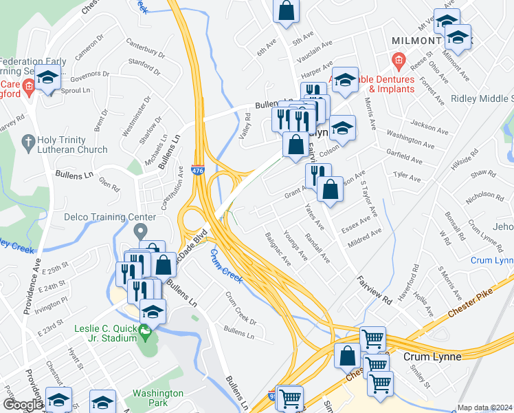 map of restaurants, bars, coffee shops, grocery stores, and more near 1521 Grant Avenue in Woodlyn
