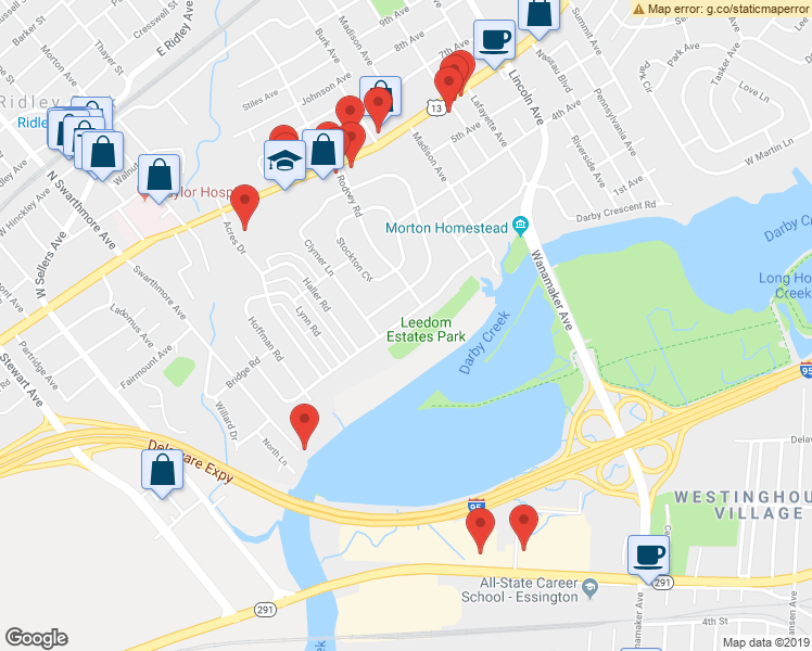 map of restaurants, bars, coffee shops, grocery stores, and more near 621 Darby Road in Ridley Park